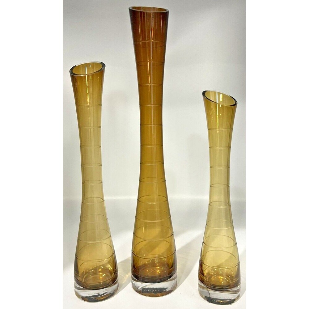 Rare 3 Vase Set Vintage Mikasa Sienna Enchanted Forest Amber Glass 15" 12" 10"